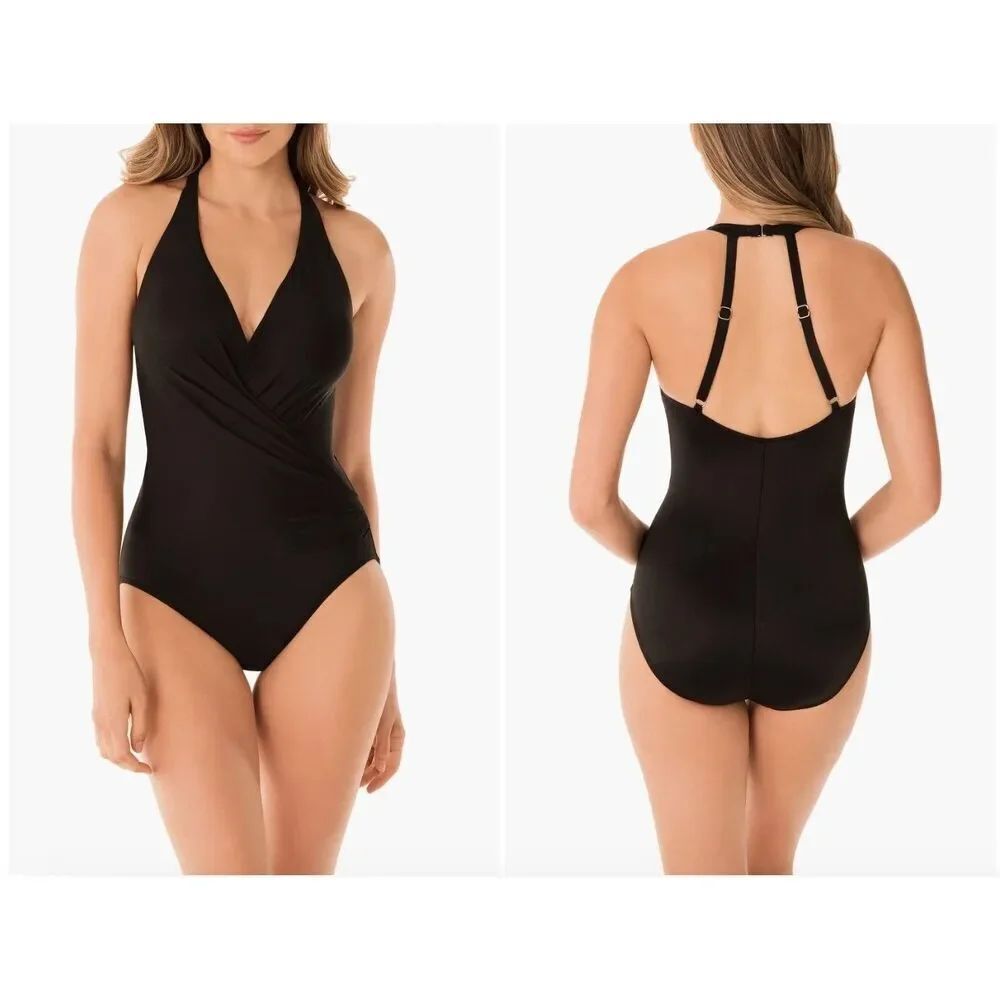New  Miraclesuit Wrapsody One Piece Swimsuit 14 Black Shaping Surplice $182